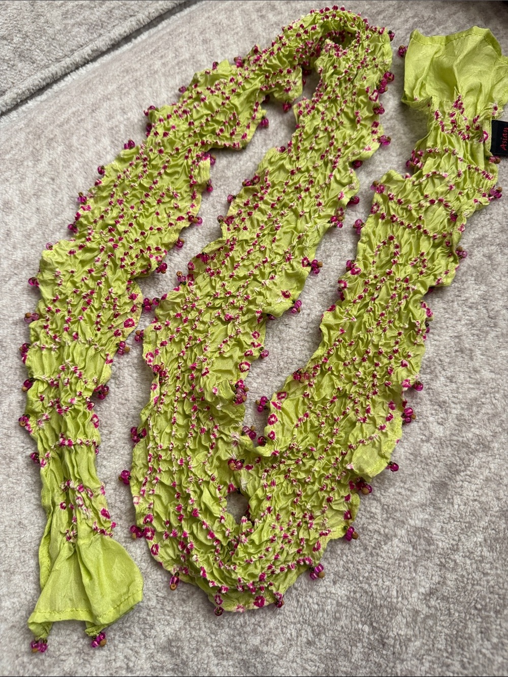 Light Green & Pink Beaded Ruffled Silk Scarf - Tie‎ Dye Scarf #629